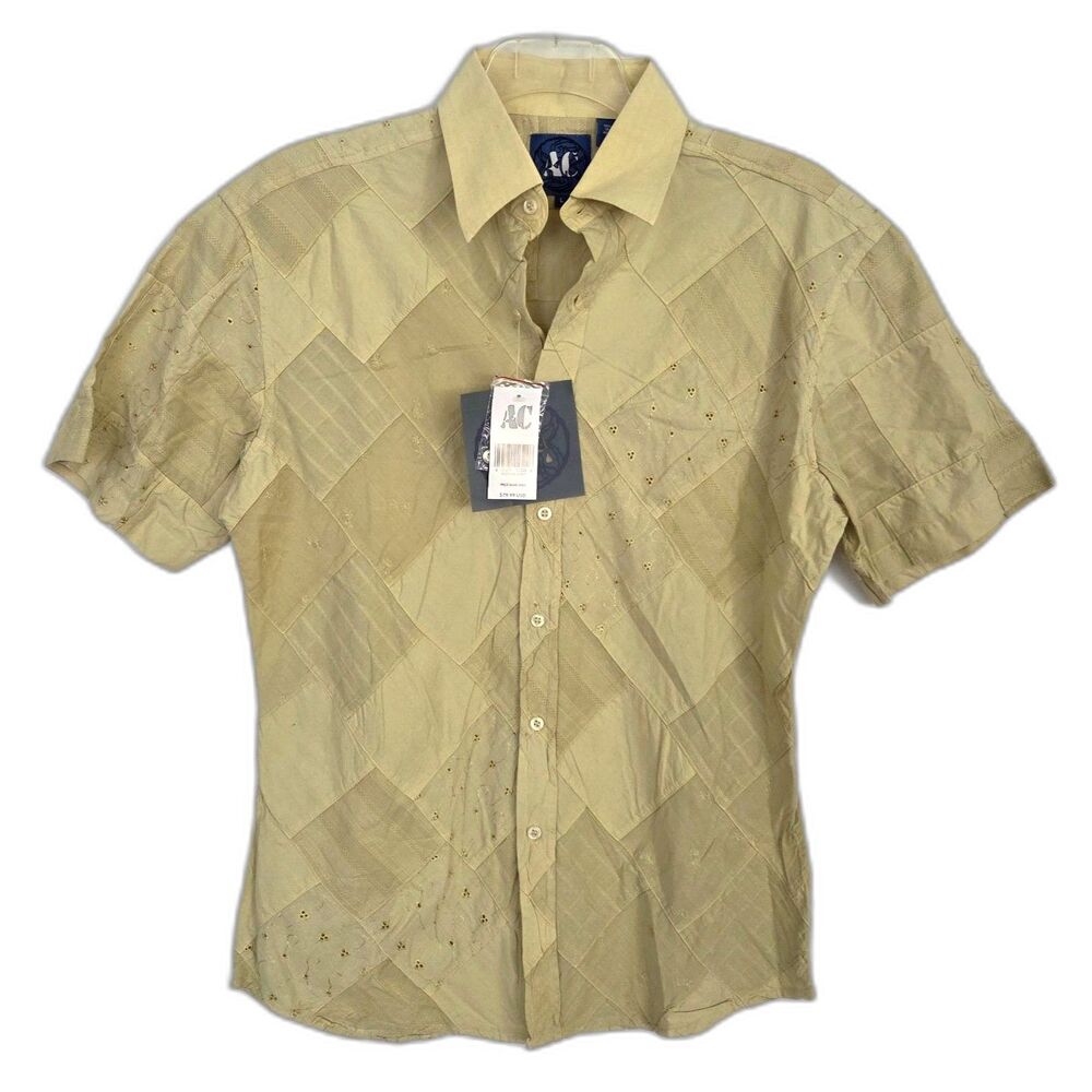Avalon Collection AC Men Patchwork Eyelet Cotton Button Down Shirt L Pear Green